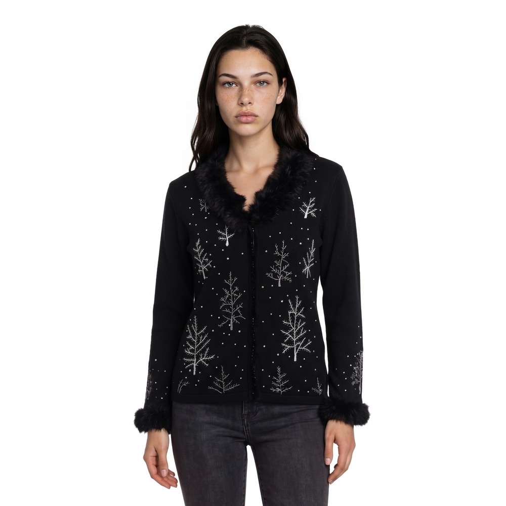 Berek Cardigan Sweater Womens Size XL Black Silver Beaded Trees Faux Fur Vintage